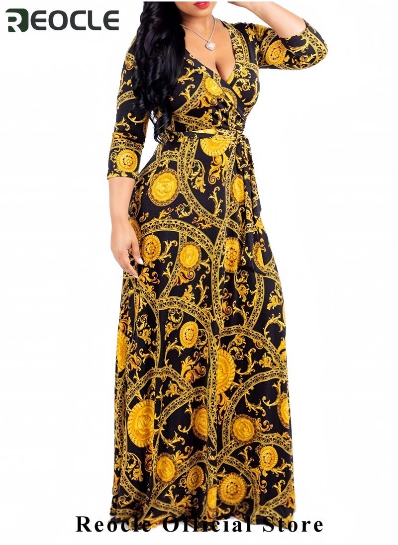 REOCLE Plus Size Maxi Dress for Women Casual Summer Sundress V-Neck 3/4 Sleeve  - Image 3