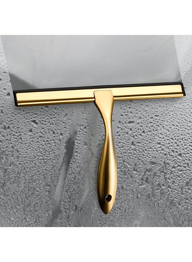 Stainless Steel Glass Squeegee with Wall Holder 25.2×18cm Gold-Plated Streak-Free Cleaning Tool for Windows Mirrors and Shower Doors - Image 1