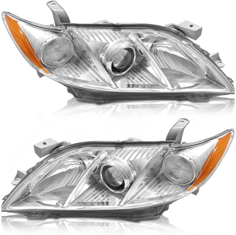 AS 2007 2008 2009 Toyota Camry Headlight Assembly Headlamps for 07 08 09 Camry Exclude Hybrid Projector Left and Right Pair Chrome Housing Clear Lens
