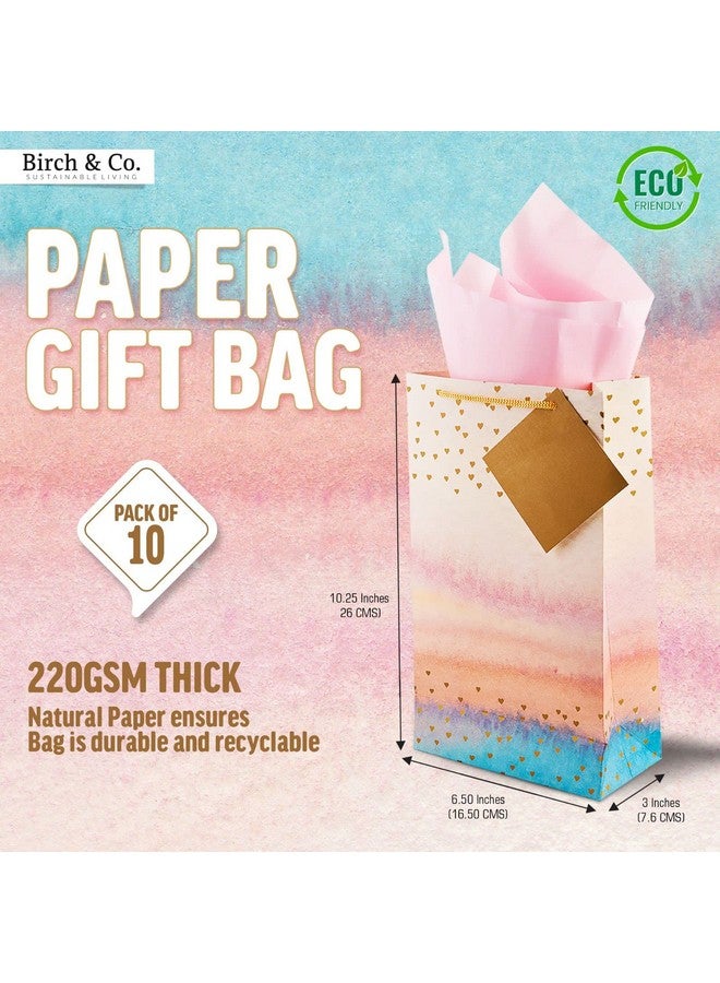 Birch & Co. Gift Bags - Paper Bags For Return Gifts Small Carry Bags For Gifting Small Paper Bags - Goodie Bags With Tissue And Thank You Card - Gift Covers - Pack Of 10, Ombre Hearts, Multicolor - Image 2