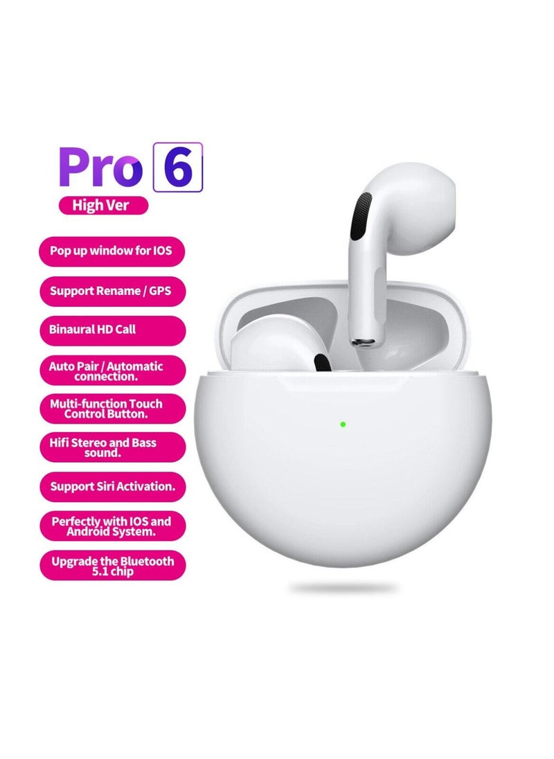 DIGI CORE - Pro 6 TWS True Wireless Headphones Bluetooth Earphone Earbuds Bass Headset Wireless Earbuds In-Ear Earbuds Lightweight Bluetooth 5.0 Headphones With Mic Multimode Headphone (White) - Image 1