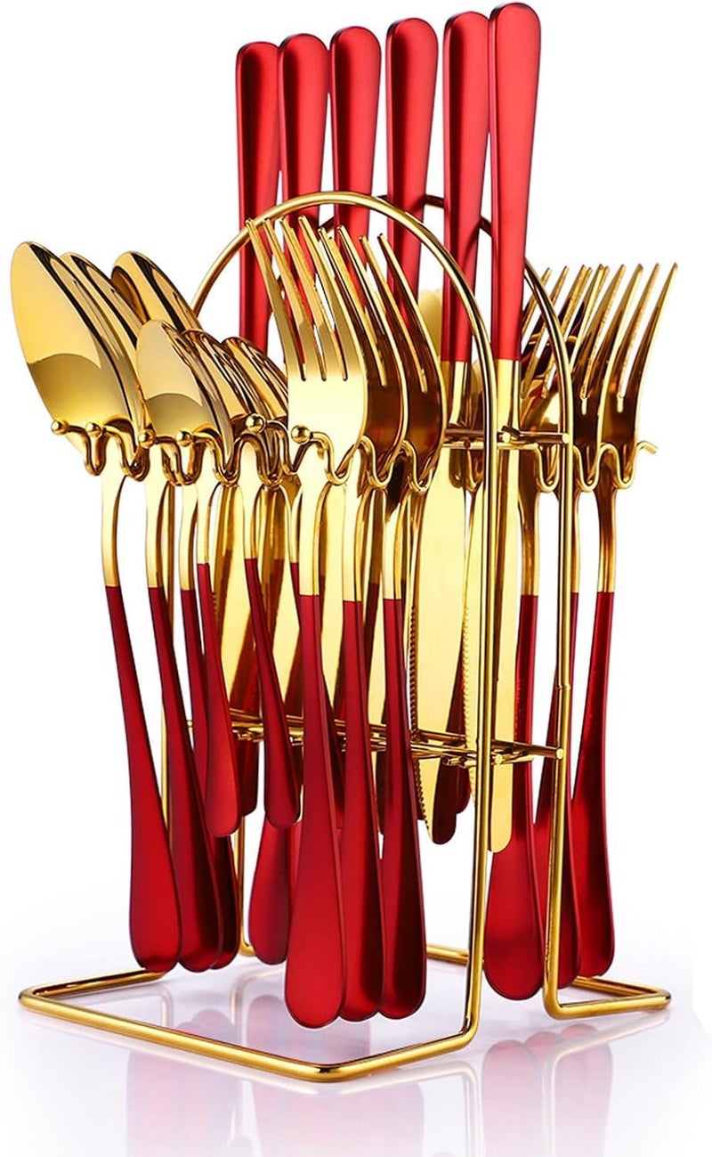 ARTEK 24 Pieces Flatware Set, Stainless Steel Cutlery Set with Silverware Holder, Modern Gold Silverware Set Includes Dinner Knives Forks Spoons,Hanging Silverware (Red) - Image 1