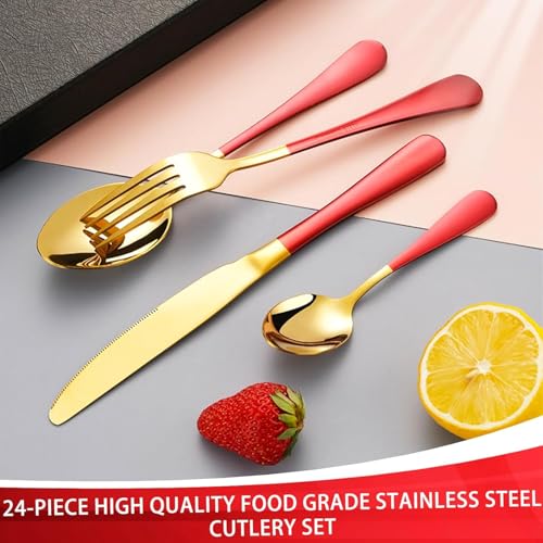 ARTEK 24 Pieces Flatware Set, Stainless Steel Cutlery Set with Silverware Holder, Modern Gold Silverware Set Includes Dinner Knives Forks Spoons,Hanging Silverware (Red) - Image 4