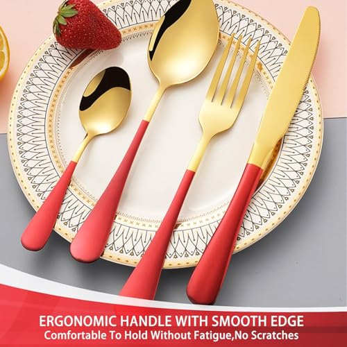 ARTEK 24 Pieces Flatware Set, Stainless Steel Cutlery Set with Silverware Holder, Modern Gold Silverware Set Includes Dinner Knives Forks Spoons,Hanging Silverware (Red) - Image 5