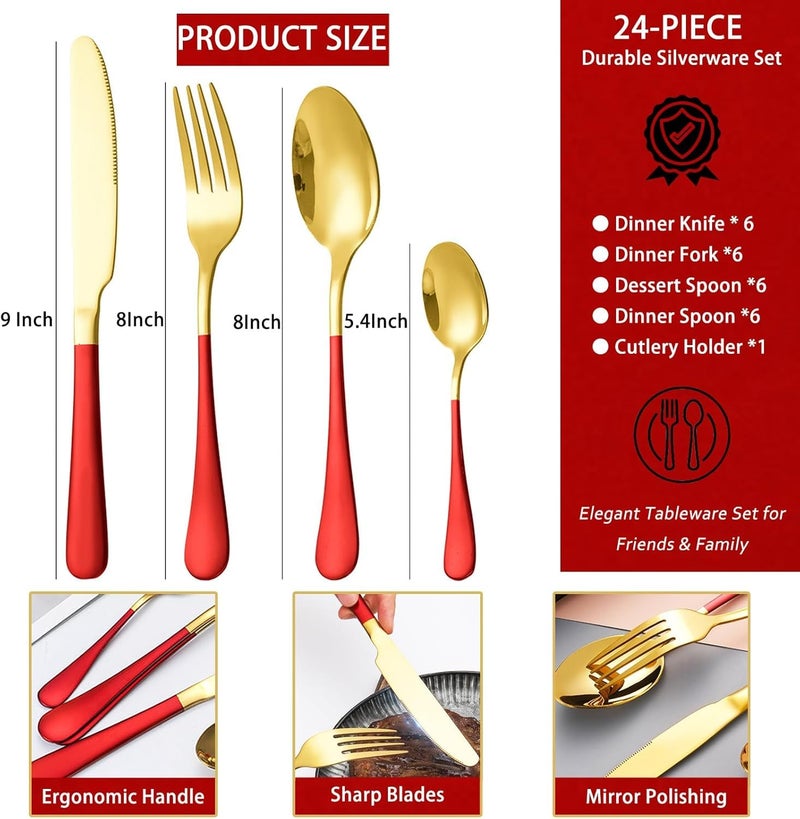 ARTEK 24 Pieces Flatware Set, Stainless Steel Cutlery Set with Silverware Holder, Modern Gold Silverware Set Includes Dinner Knives Forks Spoons,Hanging Silverware (Red) - Image 3