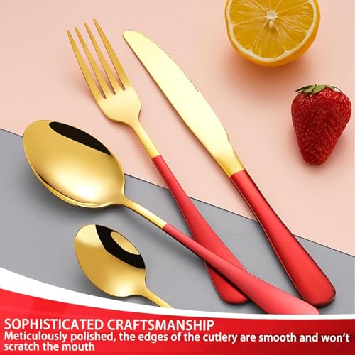 ARTEK 24 Pieces Flatware Set, Stainless Steel Cutlery Set with Silverware Holder, Modern Gold Silverware Set Includes Dinner Knives Forks Spoons,Hanging Silverware (Red) - Image 2
