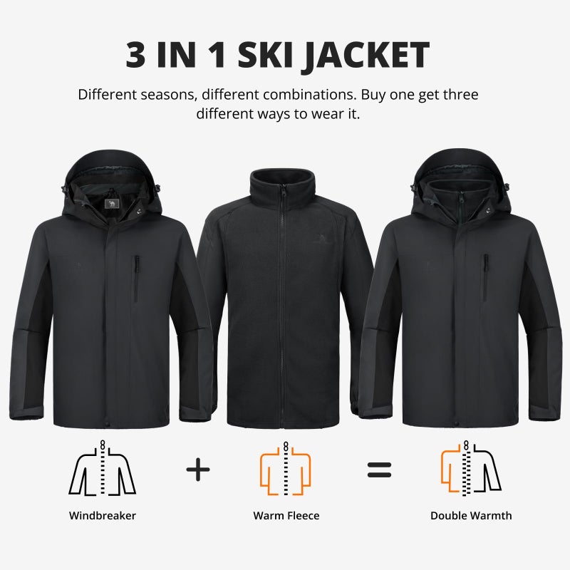 CAMEL CROWN Men's 3 in 1 Ski Snow Jacket Waterproof Winter Snow Coat Windproof Warm Fleece Lining Hiking Jacket Hooded Rain Jacket Dark Grey/Black S - Image 3