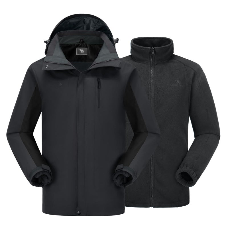 CAMEL CROWN Men's 3 in 1 Ski Snow Jacket Waterproof Winter Snow Coat Windproof Warm Fleece Lining Hiking Jacket Hooded Rain Jacket Dark Grey/Black S - Image 1