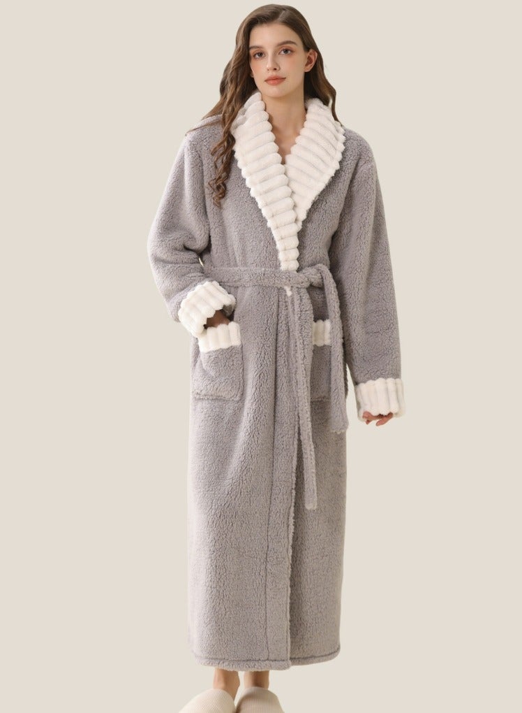 إسكدنيا نساء طويلة سميكة لابل فستان ليلي فلانيل رداء حمام بيجاما رمادي - Image 1