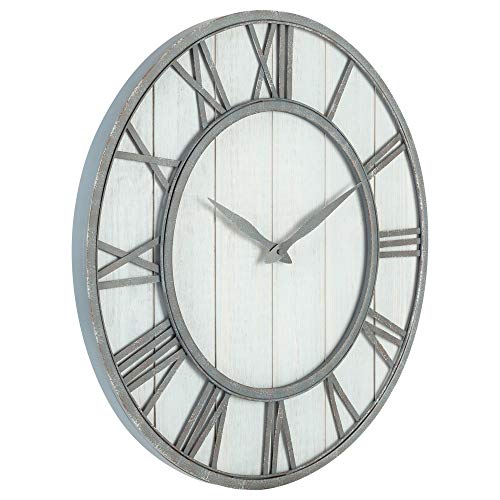 Oldtown Clocks Oldtown Farmhouse Metal & Solid Wood Noiseless Wall Clock (Whitewash, 24-inch) - Image 3