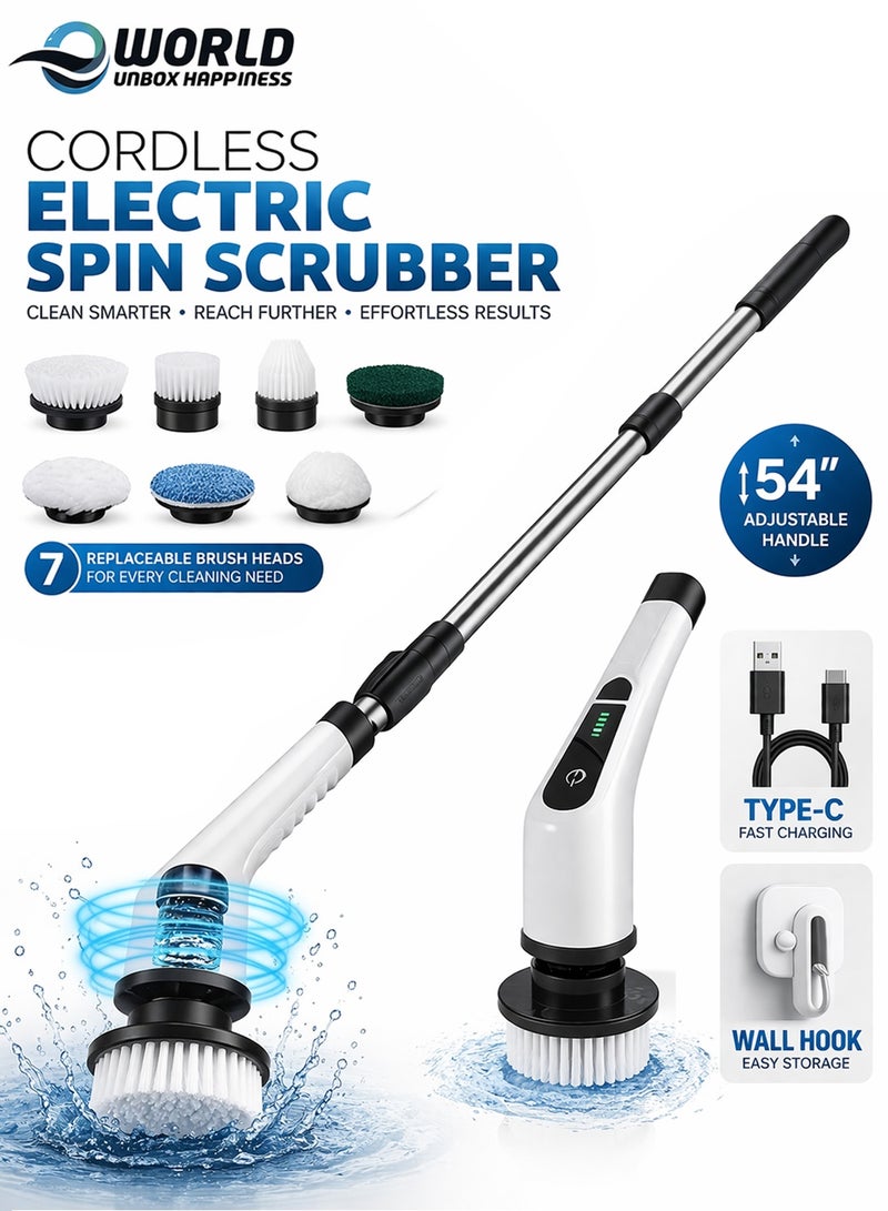 Eworld Cordless Electric Spin Scrubber with 7 Replaceable Drill Brush Heads, 54in Adjustable Extension Arm & 2500mAh High-Rate Battery with Type-C fast charger for Bathroom, Kitchen, Floor & Tile Cleaning. - Image 1