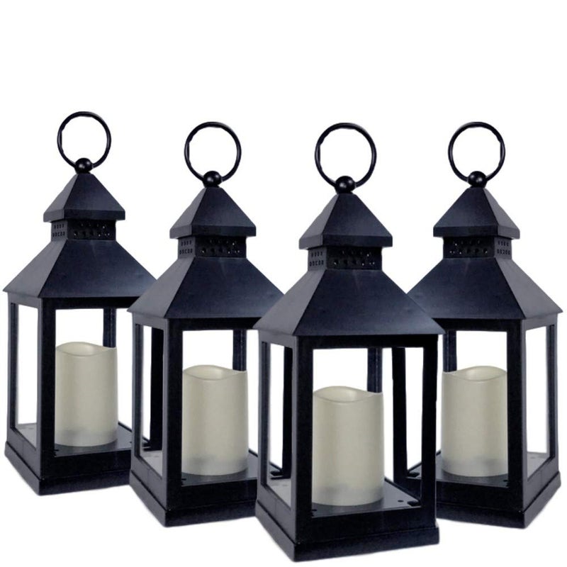 BANBERRY DESIGNS Lighted Decorative Lanterns - 4 Hour Candle Timers - Black Lanterns with Flameless Candles Included - Indoor-Outdoor Lantern Set - Patio Porch Decor- Set of 4. 9 3/8" H - Image 1