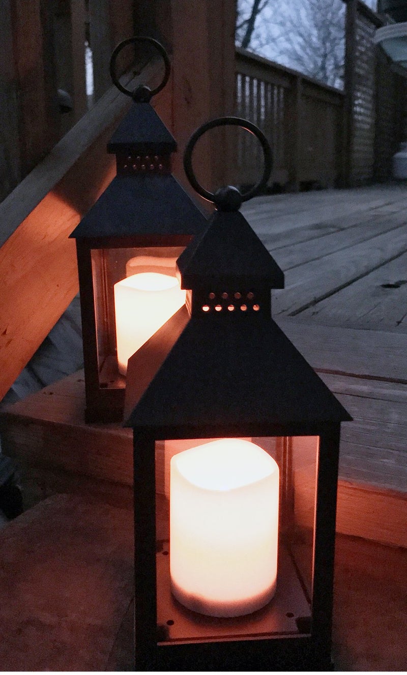 BANBERRY DESIGNS Lighted Decorative Lanterns - 4 Hour Candle Timers - Black Lanterns with Flameless Candles Included - Indoor-Outdoor Lantern Set - Patio Porch Decor- Set of 4. 9 3/8" H - Image 4