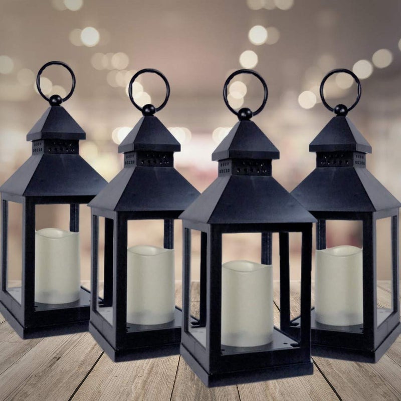 BANBERRY DESIGNS Lighted Decorative Lanterns - 4 Hour Candle Timers - Black Lanterns with Flameless Candles Included - Indoor-Outdoor Lantern Set - Patio Porch Decor- Set of 4. 9 3/8" H - Image 5