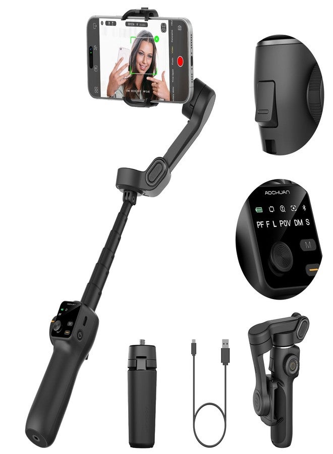 AOCHUAN 3-axis Gimbal Stabilizer for iPhone w/Built-in 7.8' Extension Rod, Smartphone Gimbal w/AI Tracking, Portable Phone Holder for iPhone & Android w/Full-Screen OLED Display, Smart V8(Black) - Image 1