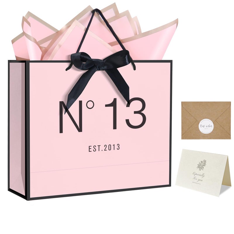 QLSKO 13" Birthday Gift Bag with Card Envelope Sticker Bow Ribbon and Tissue papers for Women Girls Design with Handles,13th-100th (EST.2013 13th, 13" W x 10.5" H x 4.3" D) - Image 1
