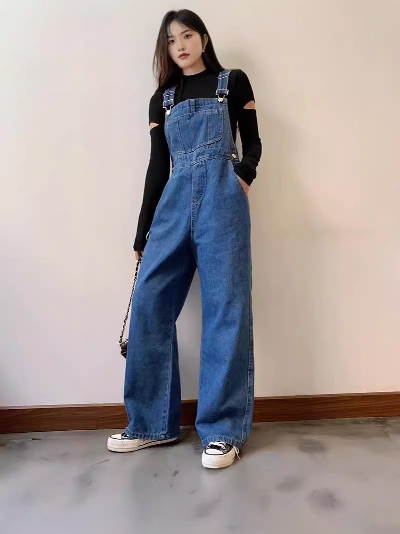 2025 Suitable For Thick Hips And Thighs Straight Denim Overalls For Women Korean Style Loose Spring And Autum Retro Wide Leg Pants - Image 2