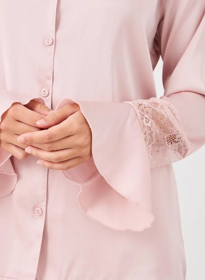 Styli Styli Satin Lace Detail Shirt and Pyjama Set