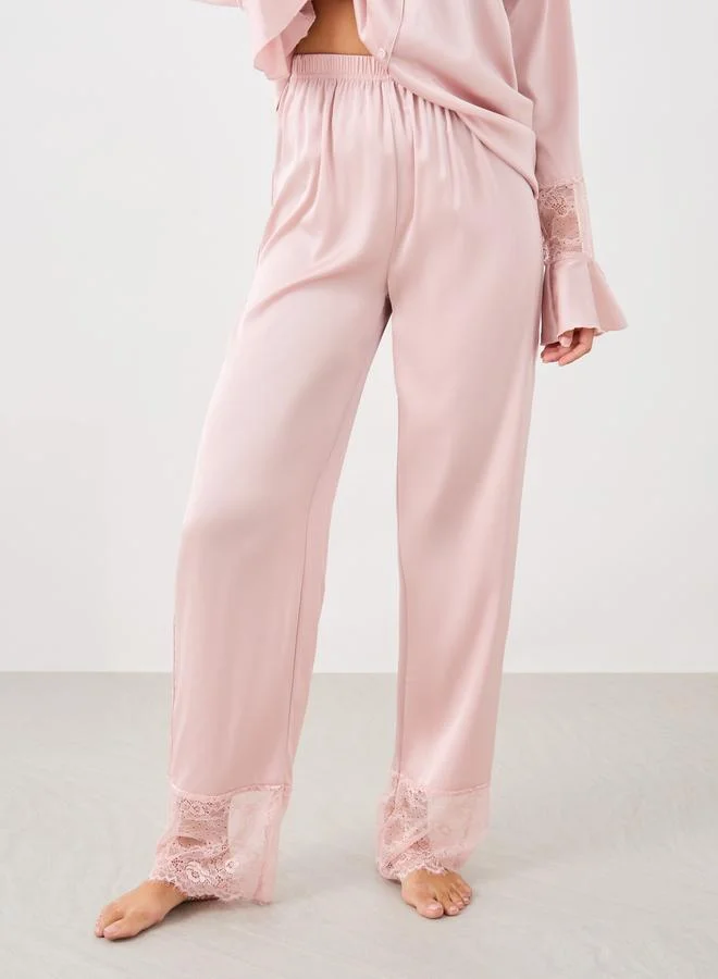 Styli Styli Satin Lace Detail Shirt and Pyjama Set