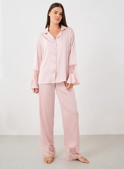 Styli Satin Lace Detail Shirt and Pyjama Set