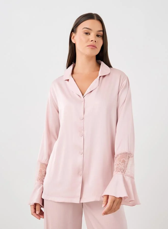 Styli Styli Satin Lace Detail Shirt and Pyjama Set
