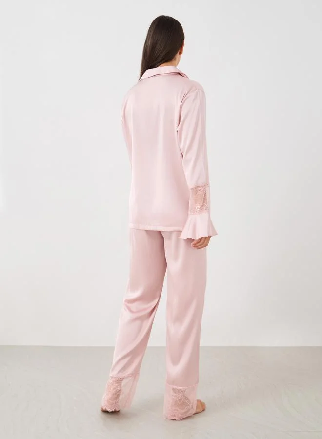 Styli Styli Satin Lace Detail Shirt and Pyjama Set