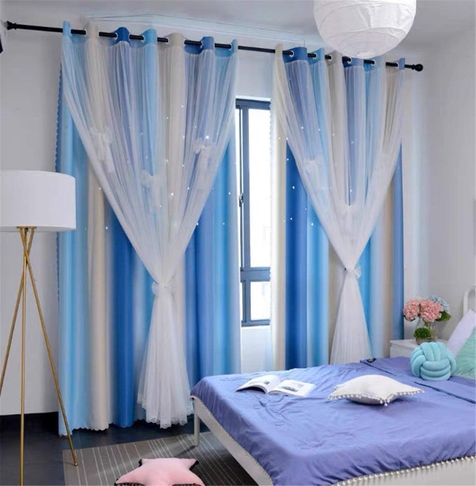 ROOM DARKENING LIGHTBLOCKING BLUE BEIGE CURTAINS WHITE SHEER LACE DETACHABLE BOW TIES KIDS ROOM DECOR OMBRE DRAPES STAR DOUBLE LAYER WINDOW PANELS BEDROOM LIVINGROOM BLUE BEIGE W52 X L96IN