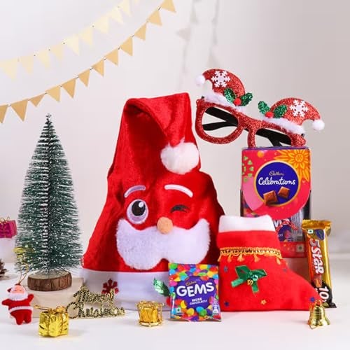 FlowerAura Secret Santa Gift Hamper - Mini Christmas Tree, Santa Cap, Christmas Sock, Chocolate Box, Glitter Glasses | Employee Gifting | Box For Family, Friends & Colleagues - Image 3