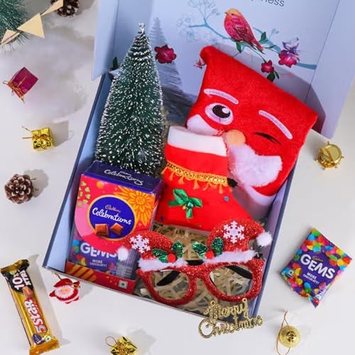 FlowerAura Secret Santa Gift Hamper - Mini Christmas Tree, Santa Cap, Christmas Sock, Chocolate Box, Glitter Glasses | Employee Gifting | Box For Family, Friends & Colleagues - Image 2