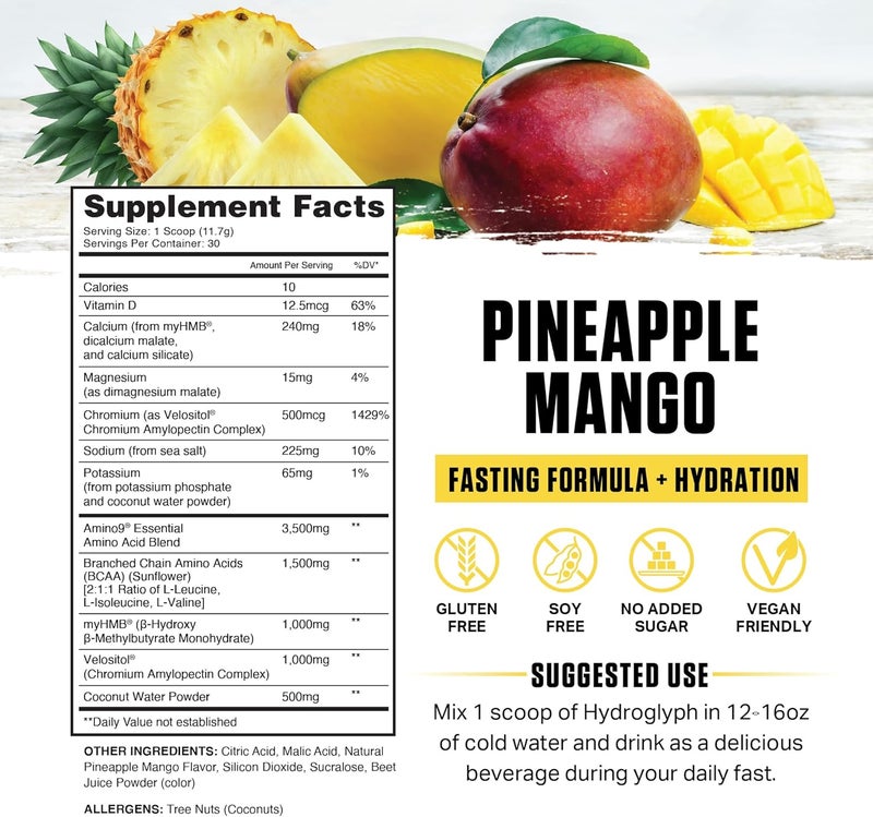 Ambrosia Hydroglyph Intraworkout Formula wBCAA  EAA  Electrolytes Hydration Powder to Protect Lean Muscle 0g Sugar Fasting Hydration Drink Mix Made wCoconut Water Pineapple Mango - Image 2