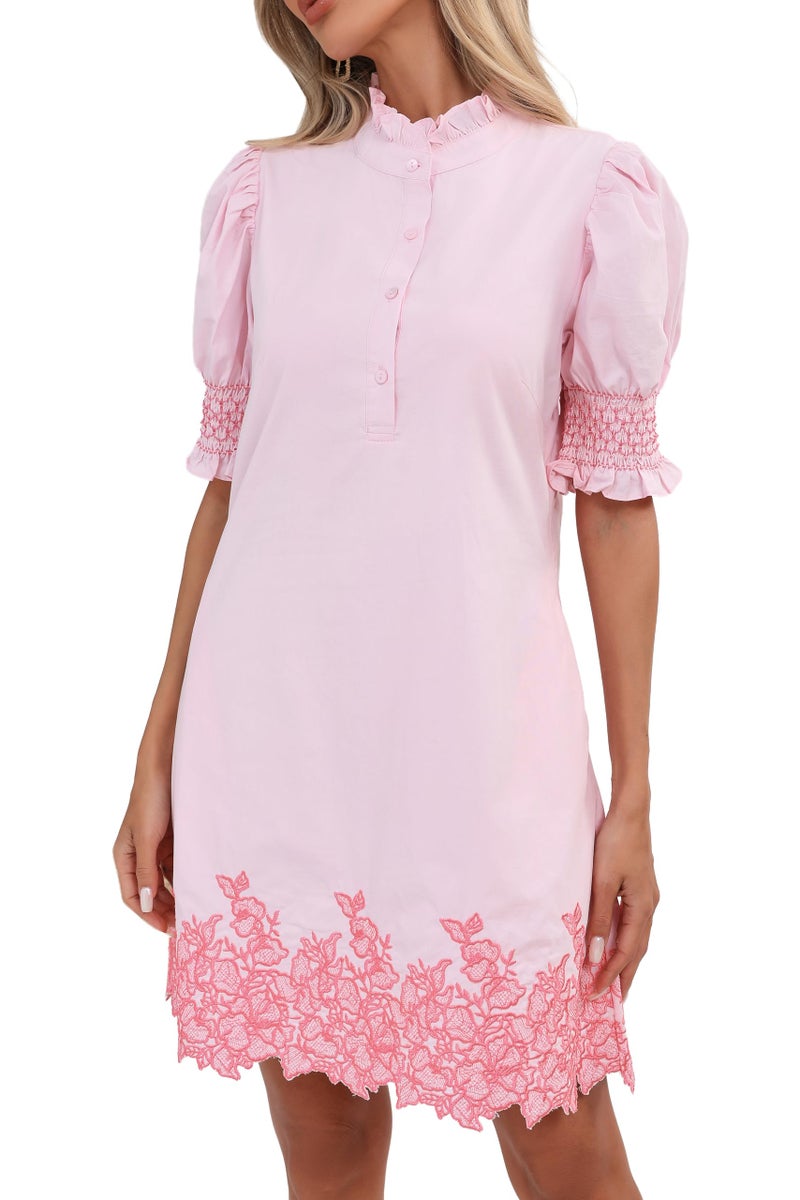 YEXPINE Women's Summer Embroidered Mini Dress Short Puff Sleeve Ruffle Collar Button Front Shift Dress Pink - Image 1