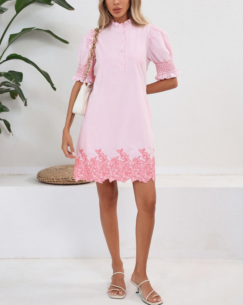 YEXPINE Women's Summer Embroidered Mini Dress Short Puff Sleeve Ruffle Collar Button Front Shift Dress Pink - Image 2