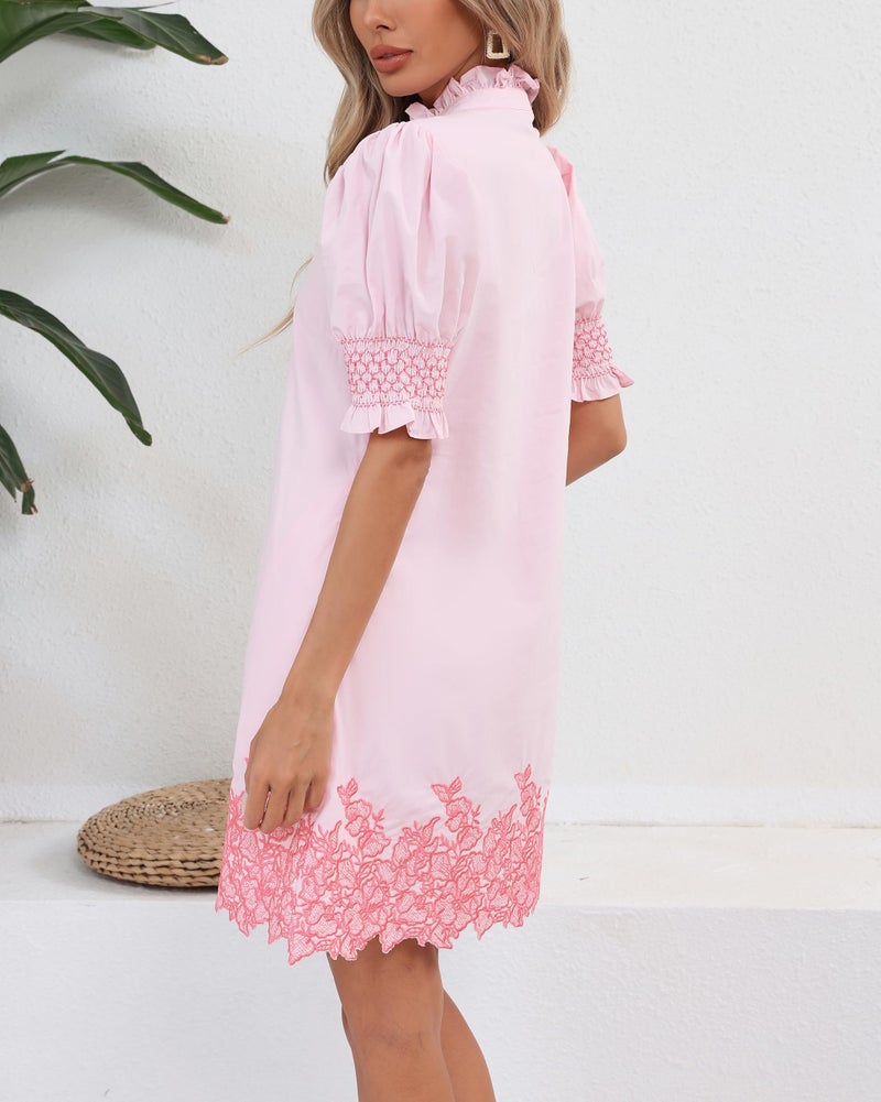 YEXPINE Women's Summer Embroidered Mini Dress Short Puff Sleeve Ruffle Collar Button Front Shift Dress Pink - Image 3