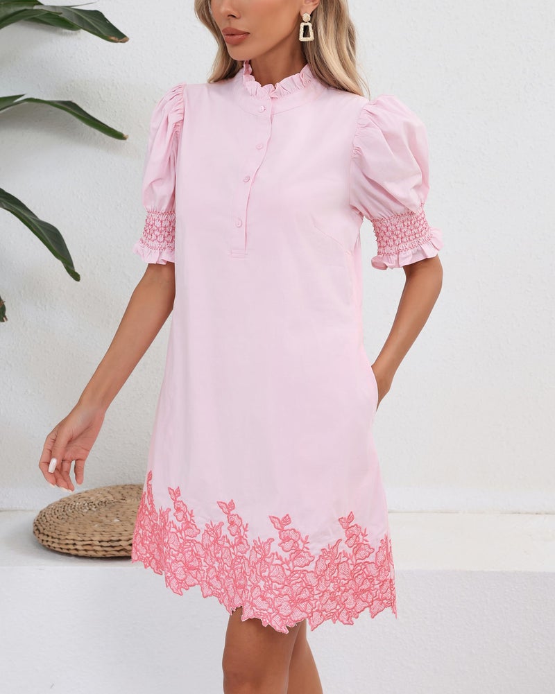 YEXPINE Women's Summer Embroidered Mini Dress Short Puff Sleeve Ruffle Collar Button Front Shift Dress Pink - Image 5