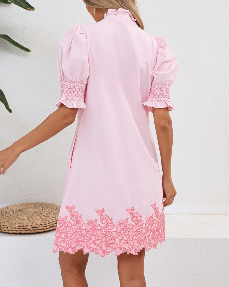 YEXPINE Women's Summer Embroidered Mini Dress Short Puff Sleeve Ruffle Collar Button Front Shift Dress Pink - Image 4