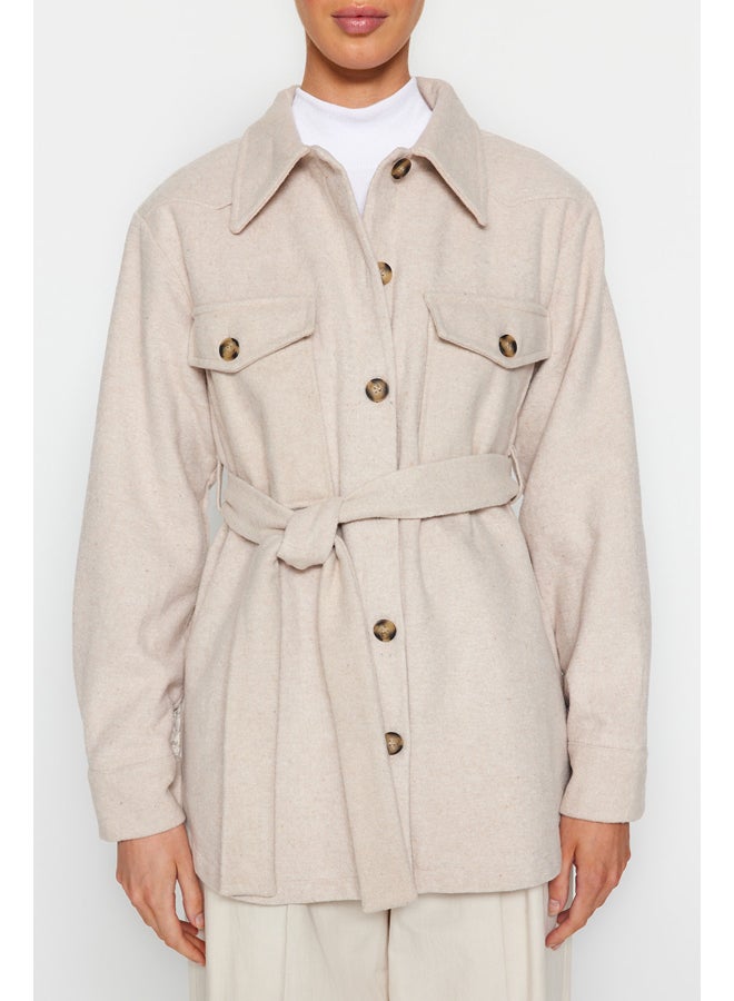 trendyol Stone Belted Stamped Jacket Coat TWOAW24MO00171 - Image 4