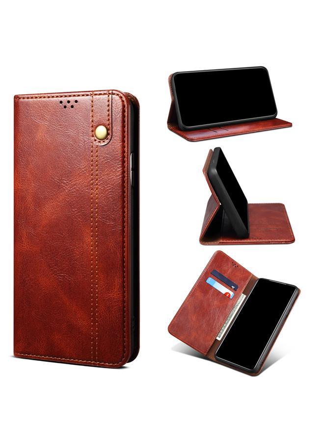 اس-توب جراب لهاتف OPPO Realme C21Y، جراب جلدي أفقي قابل للطي بتصميم بسيط من الشمع، مع فتحات للبطاقات وحامل - Image 1