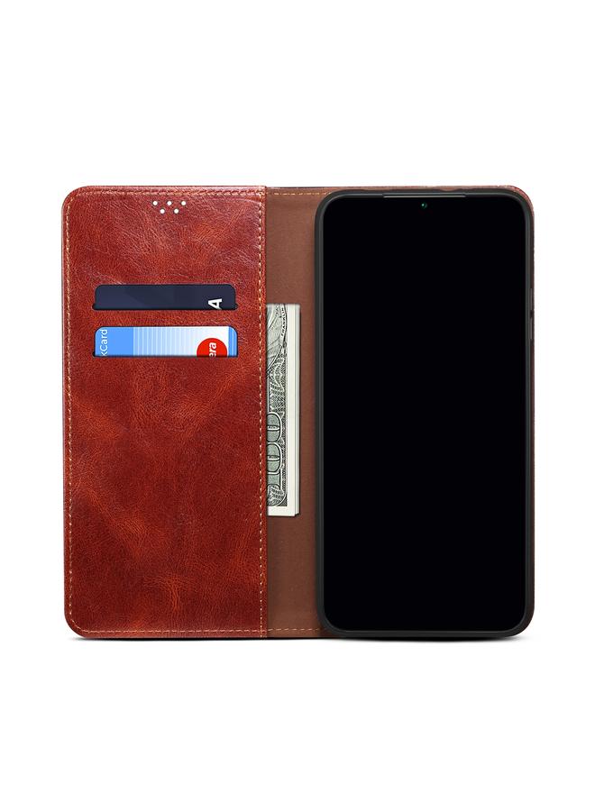 اس-توب جراب لهاتف OPPO Realme C21Y، جراب جلدي أفقي قابل للطي بتصميم بسيط من الشمع، مع فتحات للبطاقات وحامل - Image 4