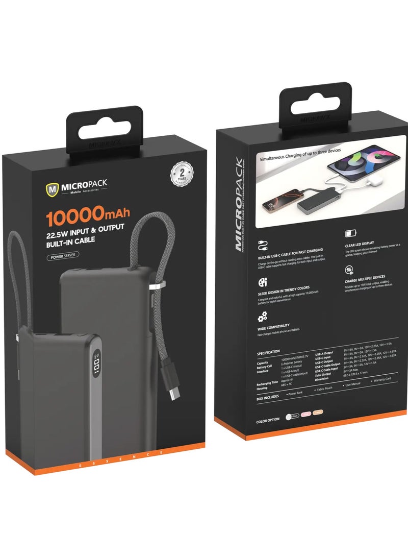 مايكروباك بنك طاقة Micropack PB-C10 سعة 10000 مللي أمبير - سلك USB-C مدمج، شحن سريع PD، أسود - Image 2