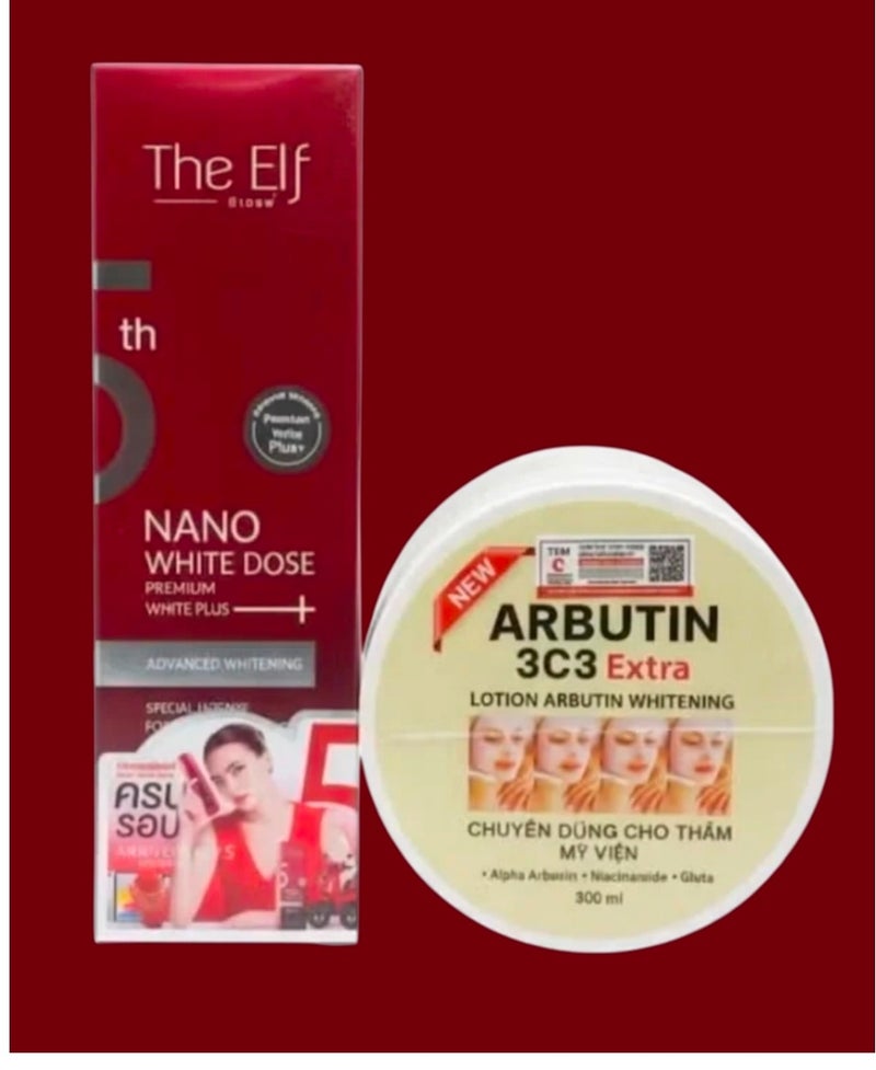 ذا إلف سيروم نانو وايت دوز بريميوم وايت بلس 60 مل مع أربوتين 3c3، لوشن تفتيح البشرة الإضافي 300 مل - Image 1