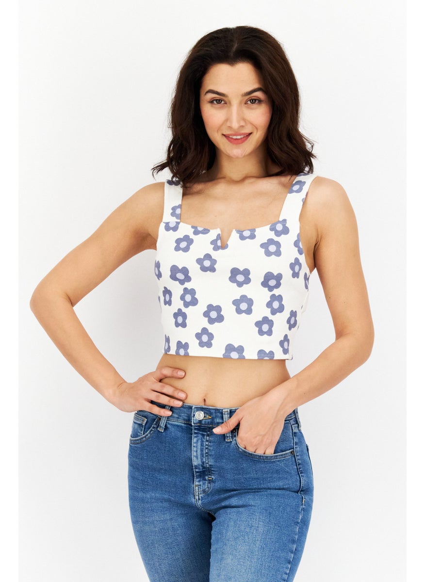 rvca Women Square Neck Sleeveless Allover Print Top, White Combo  - Image 1