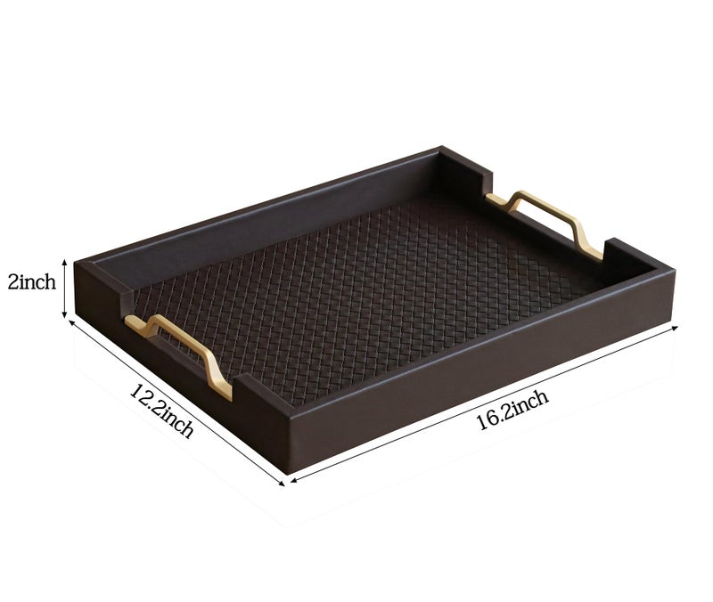 HofferRuffer Faux Leather Rectangle Serving Tray Decor Platter with Gold Metal Handles for Coffee Table, Breakfast, Tea, Food, Countertop, Kitchen, Butler Tray, 16.2 x 12.2 x 2 inches (Coffee) - Image 2
