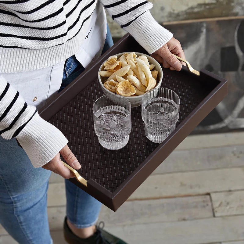 HofferRuffer Faux Leather Rectangle Serving Tray Decor Platter with Gold Metal Handles for Coffee Table, Breakfast, Tea, Food, Countertop, Kitchen, Butler Tray, 16.2 x 12.2 x 2 inches (Coffee) - Image 5