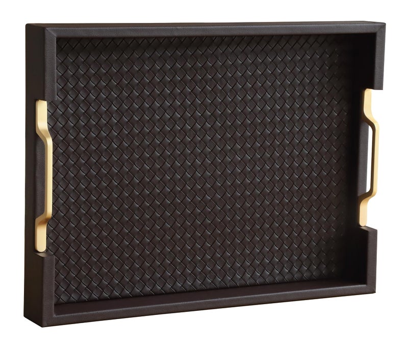 HofferRuffer Faux Leather Rectangle Serving Tray Decor Platter with Gold Metal Handles for Coffee Table, Breakfast, Tea, Food, Countertop, Kitchen, Butler Tray, 16.2 x 12.2 x 2 inches (Coffee) - Image 1