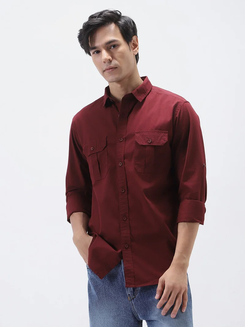 أوربانو فاشن Urbano Fashion Men's Maroon Cotton Full Sleeve Regular Fit Casual Solid Shirt