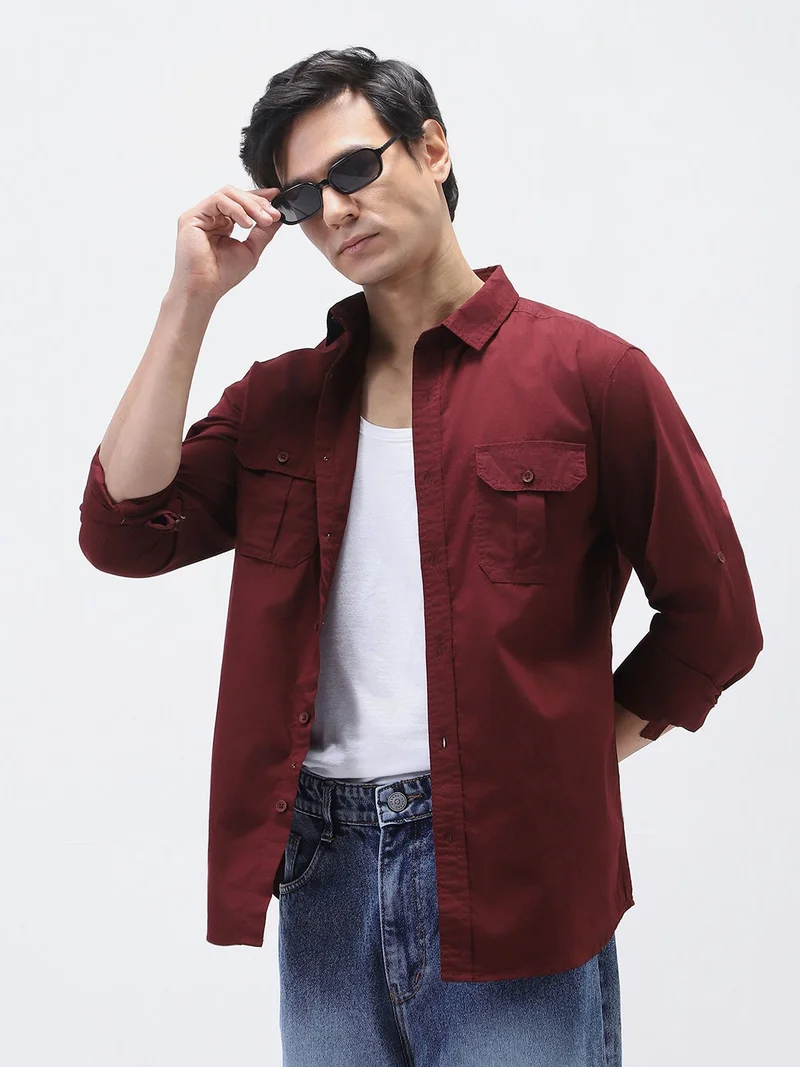 أوربانو فاشن Urbano Fashion Men's Maroon Cotton Full Sleeve Regular Fit Casual Solid Shirt