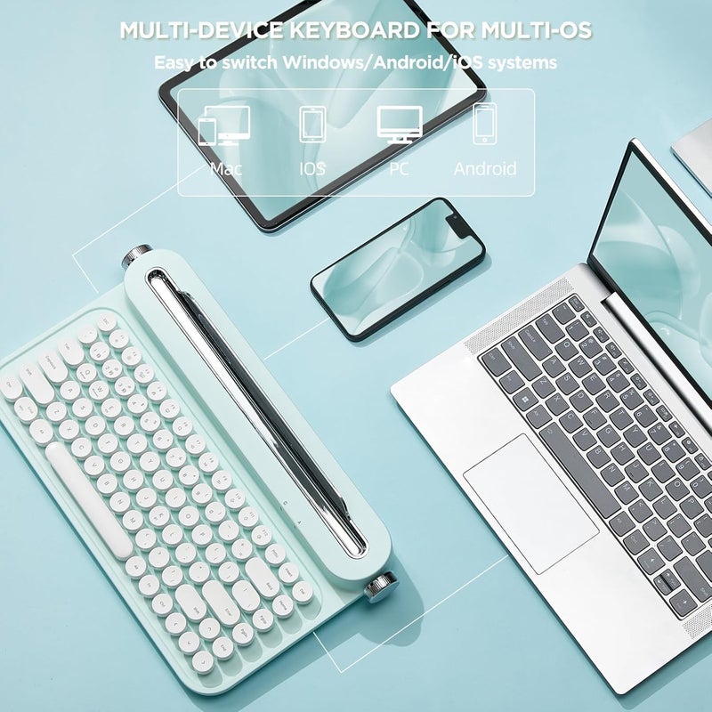 YUNZII ACTTO B305 لوحة مفاتيح كاتبة لاسلكية، اتصال بلوتوث، تصميم جمالي رجعي لطيف مع حامل مدمج للجهاز اللوحي والهاتف والكمبيوتر الشخصي وويندوز/ماك/أندرويد (نعناع حلو، B305) - Image 3