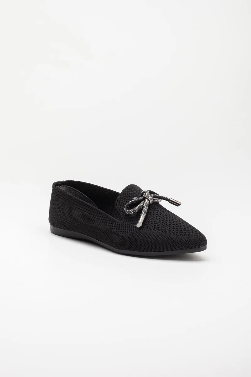 Dilimler Ayakkabı Slices Shoes Knitwear Stone Detailed Pointed Toe Black Women's Ballerinas