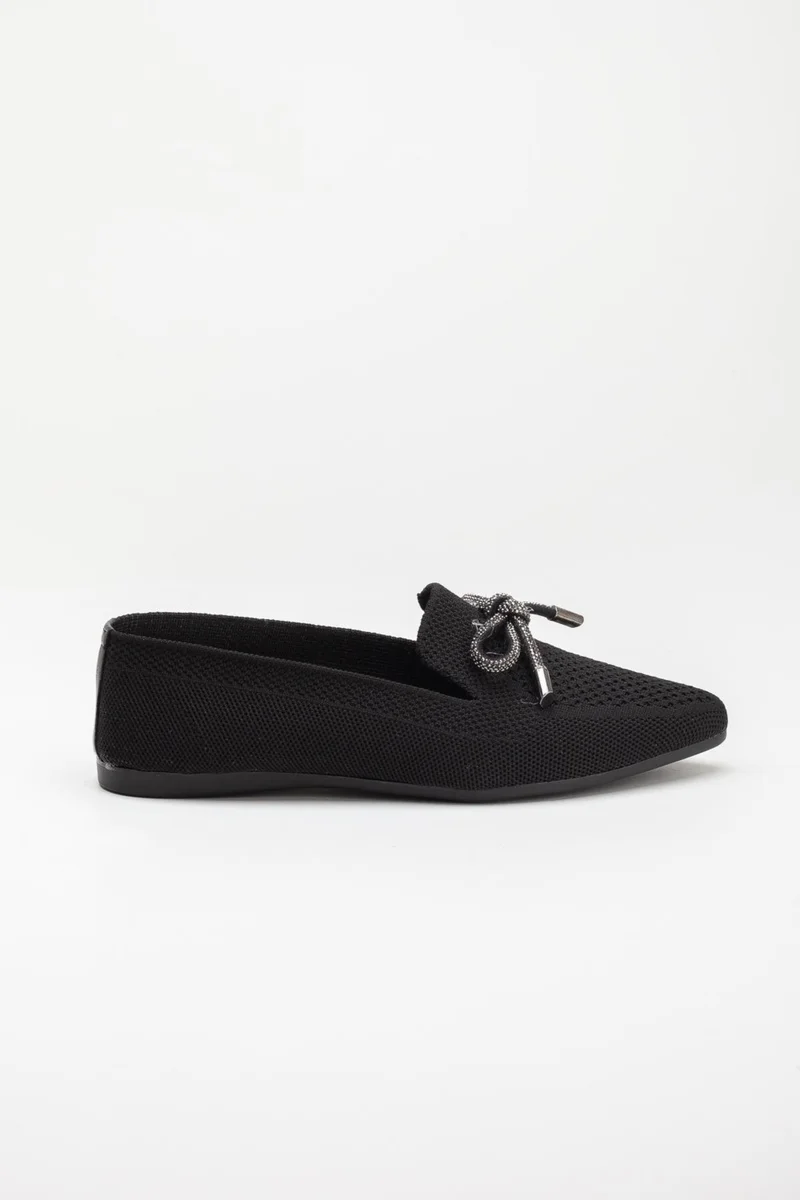 Dilimler Ayakkabı Slices Shoes Knitwear Stone Detailed Pointed Toe Black Women's Ballerinas