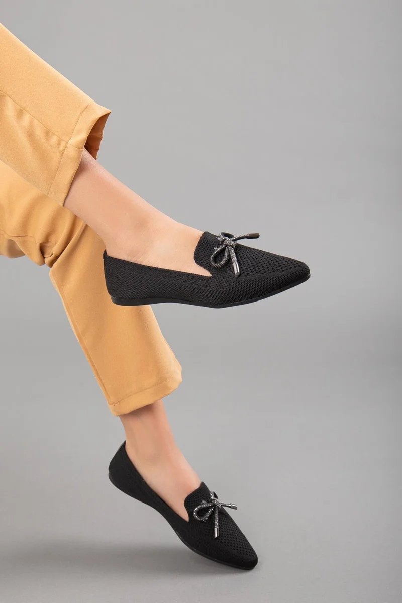 Dilimler Ayakkabı Slices Shoes Knitwear Stone Detailed Pointed Toe Black Women's Ballerinas